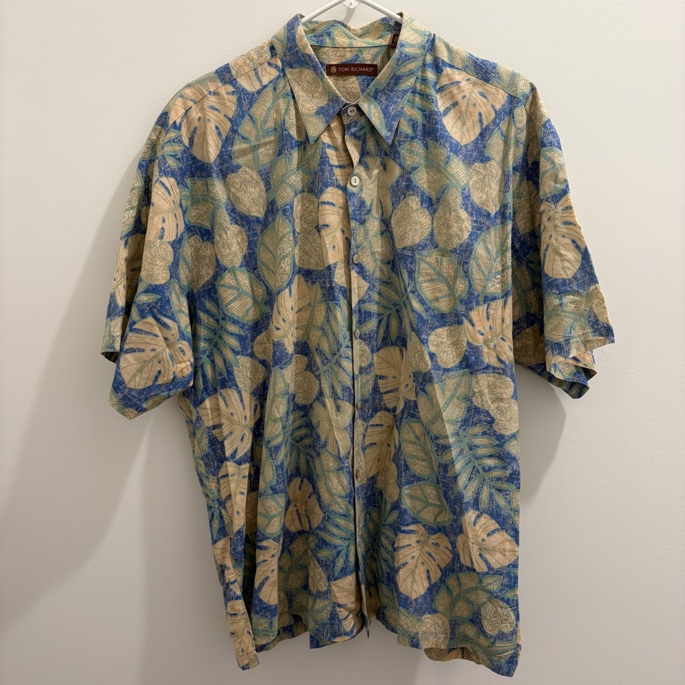 Tori Richard Mens XL Hawaiian Shirt Blue Green Tropical Cotton Lawn Made in USA‎